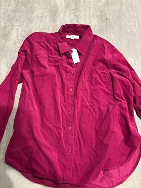 LOFT Button-Up Corduroy Shirt in Deep Raspberry